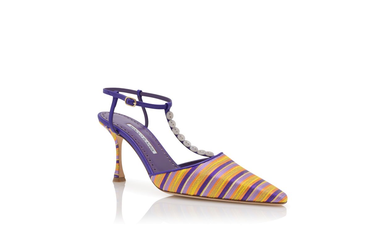 Pumps T-bar in cotone viola e arancione a righe