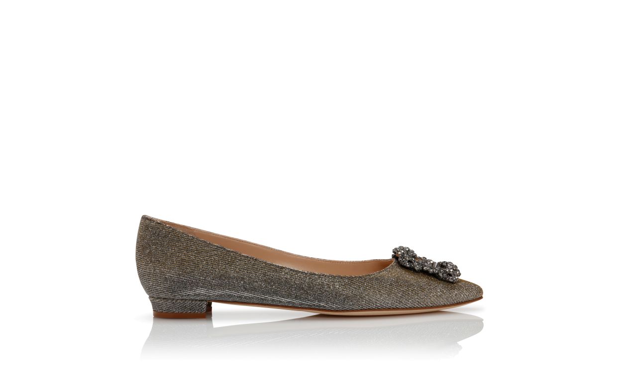 Pump piatte con fibbia gioiello in tessuto con glitter oro scuro