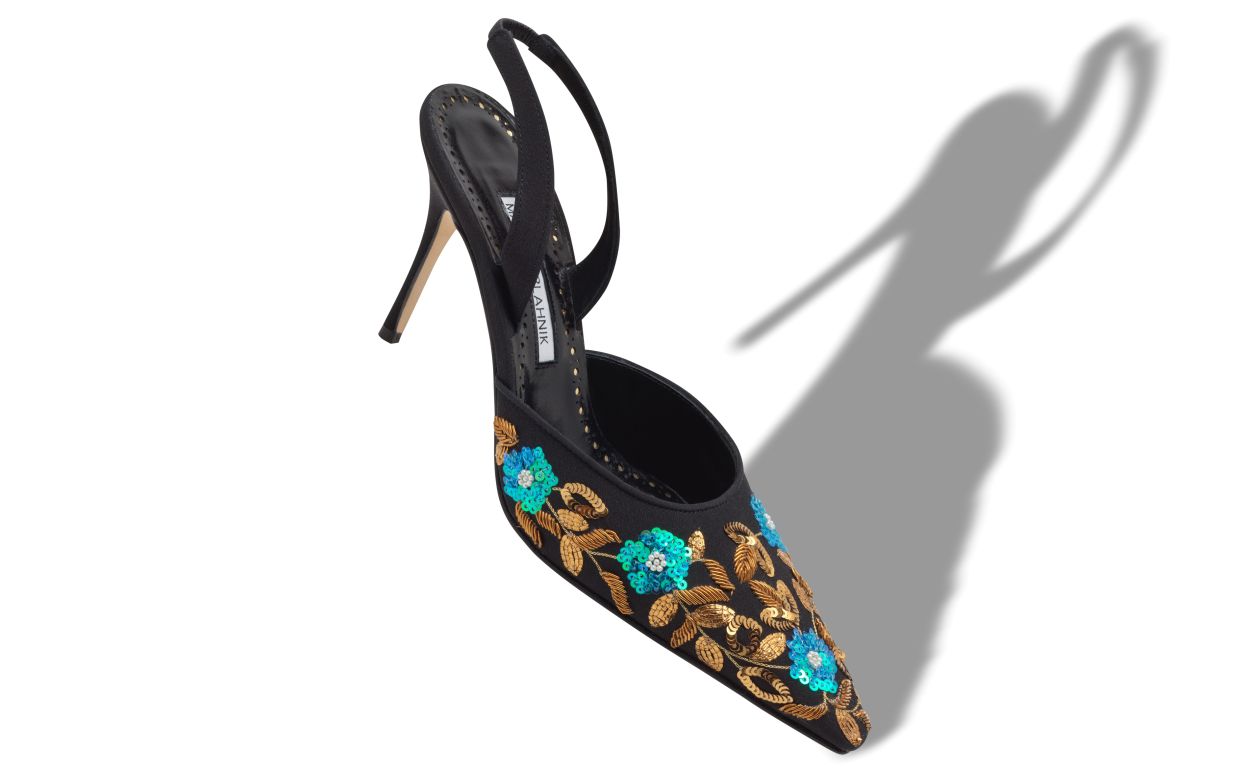 Pumps Slingback in Crêpe de Chine Nero con Ricamo