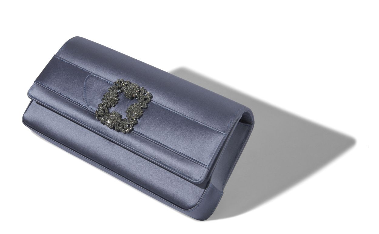 Portafoglio Rectangolare in Seta Grigio con Fibbia di Gioiello