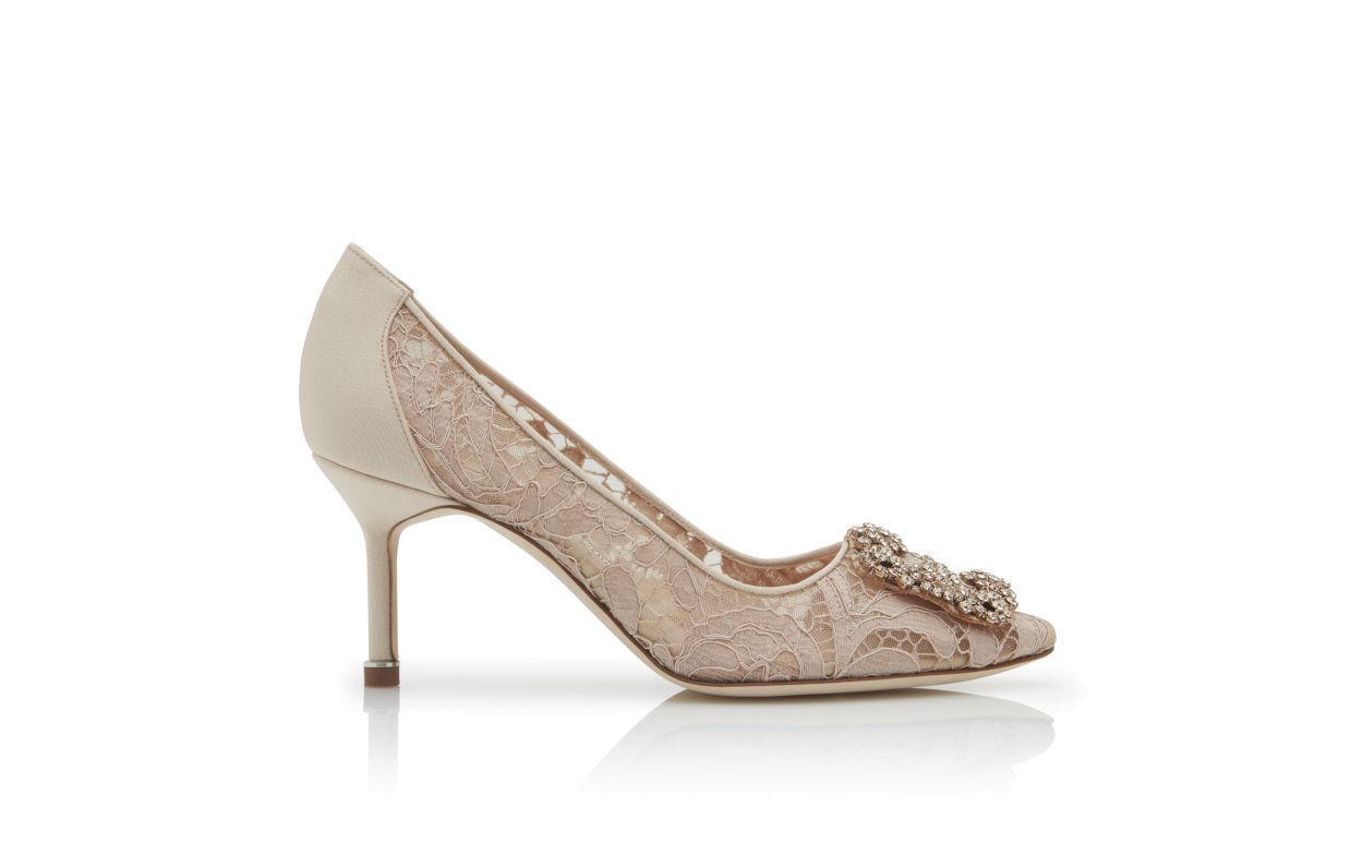 Pumps con cinturino in pizzo beige