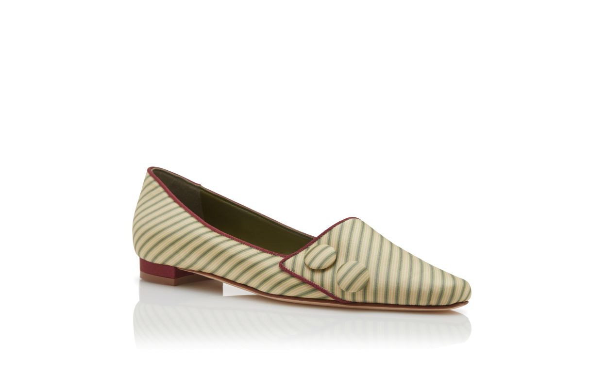 Pumps piane in seta verde e beige con righe