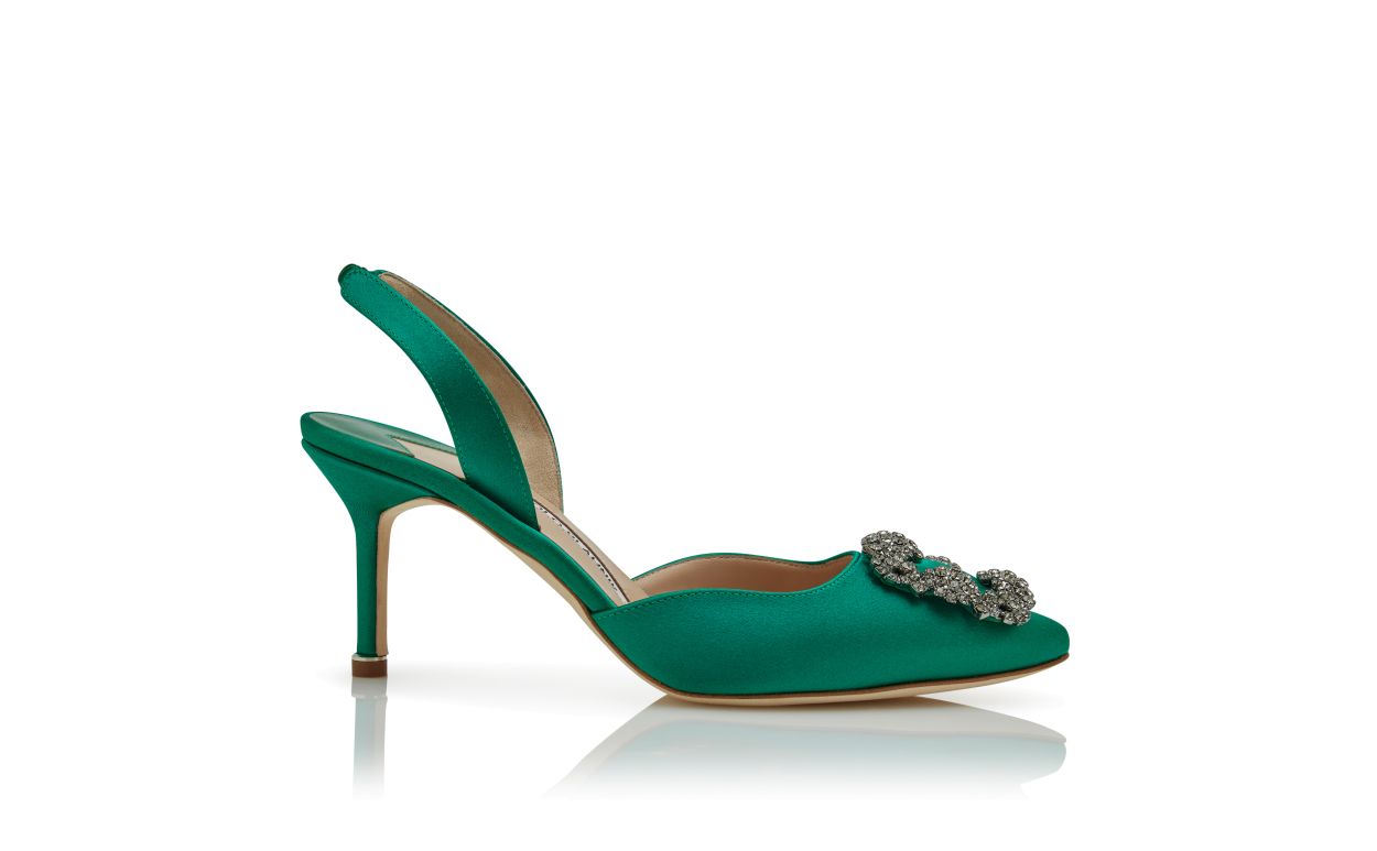 Pumps Slingback con Fibbia Gioiello in Raso Verde