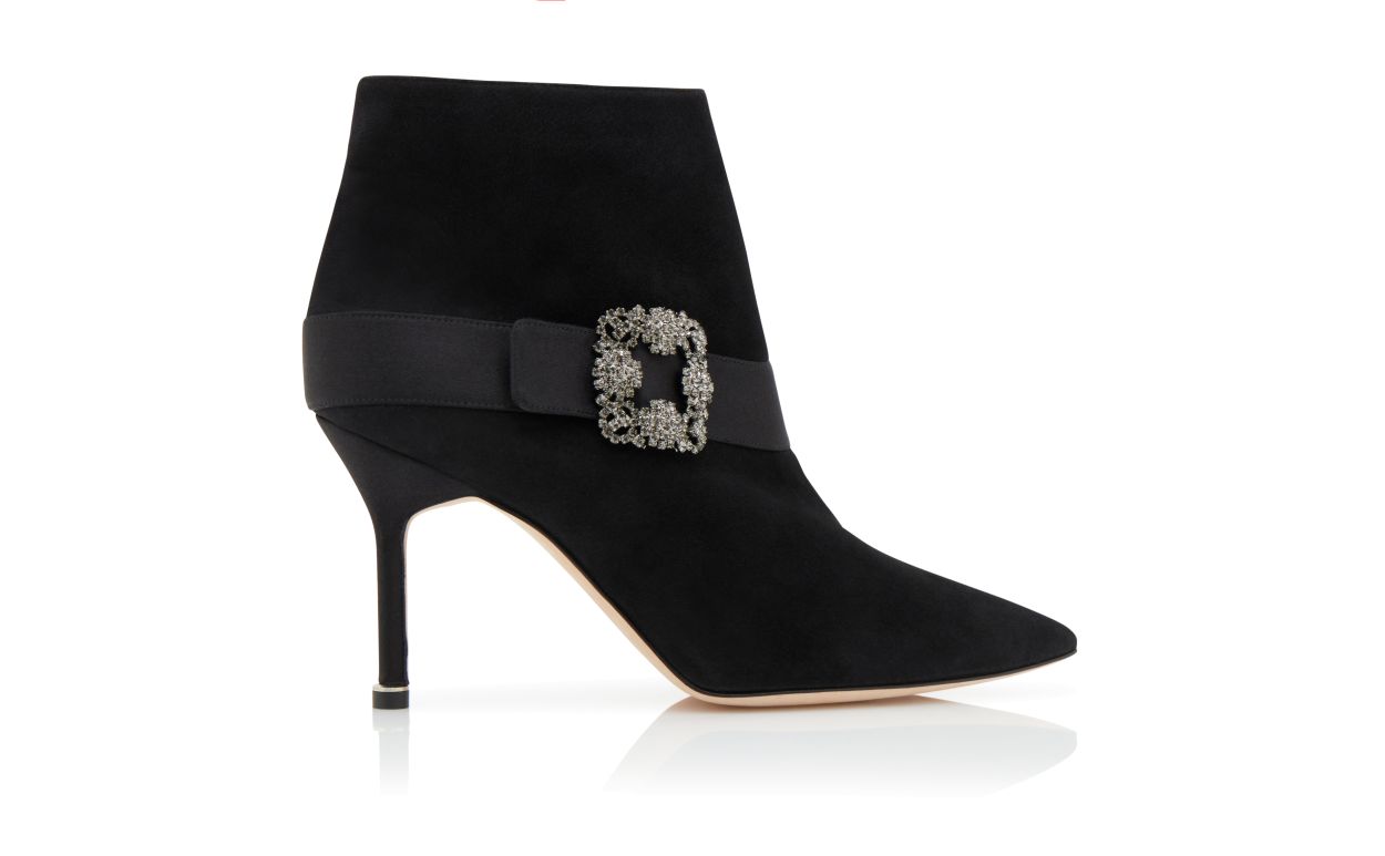 Stivali Ankle in Suede Nero con Fibbia da Gioiello