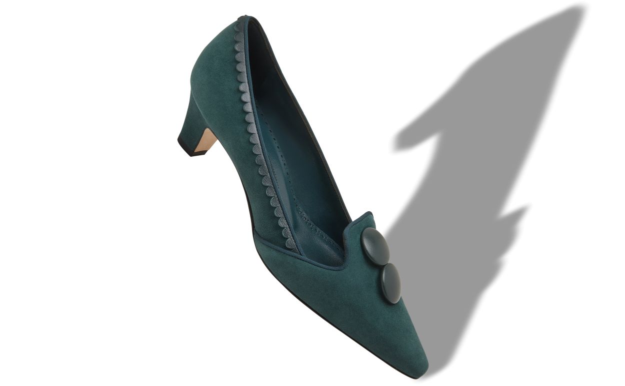 Pumps in Pelle Suede Verde Scuro con Dettagli Bottone