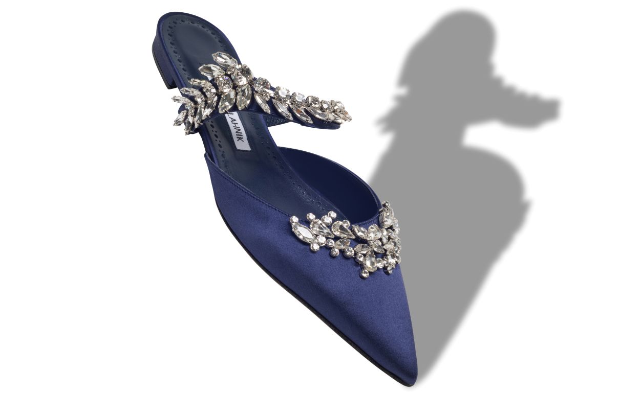 Mule Piatte in Seta Blu Notte Decorate con Cristalli