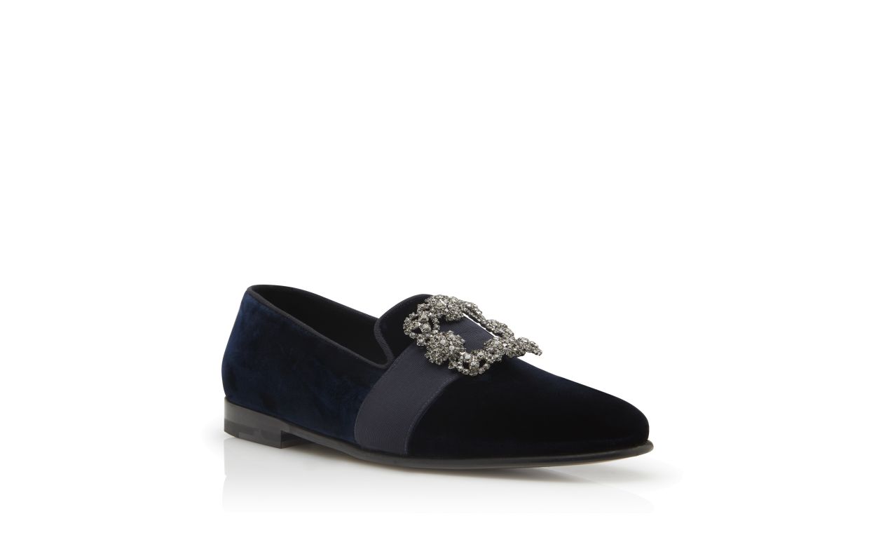 Loafers in velluto blu navy con fibbia incastonata