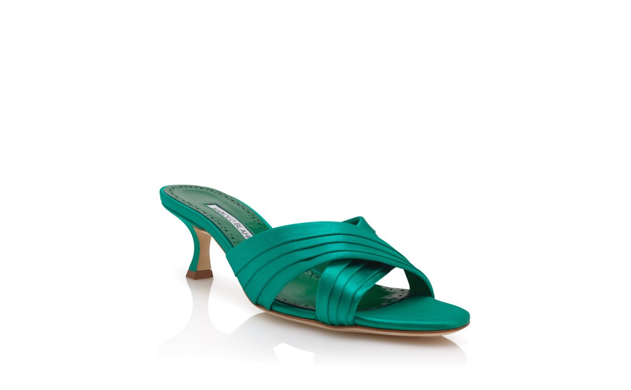 Mules in Seta Verde con Dettagli a Pieghe