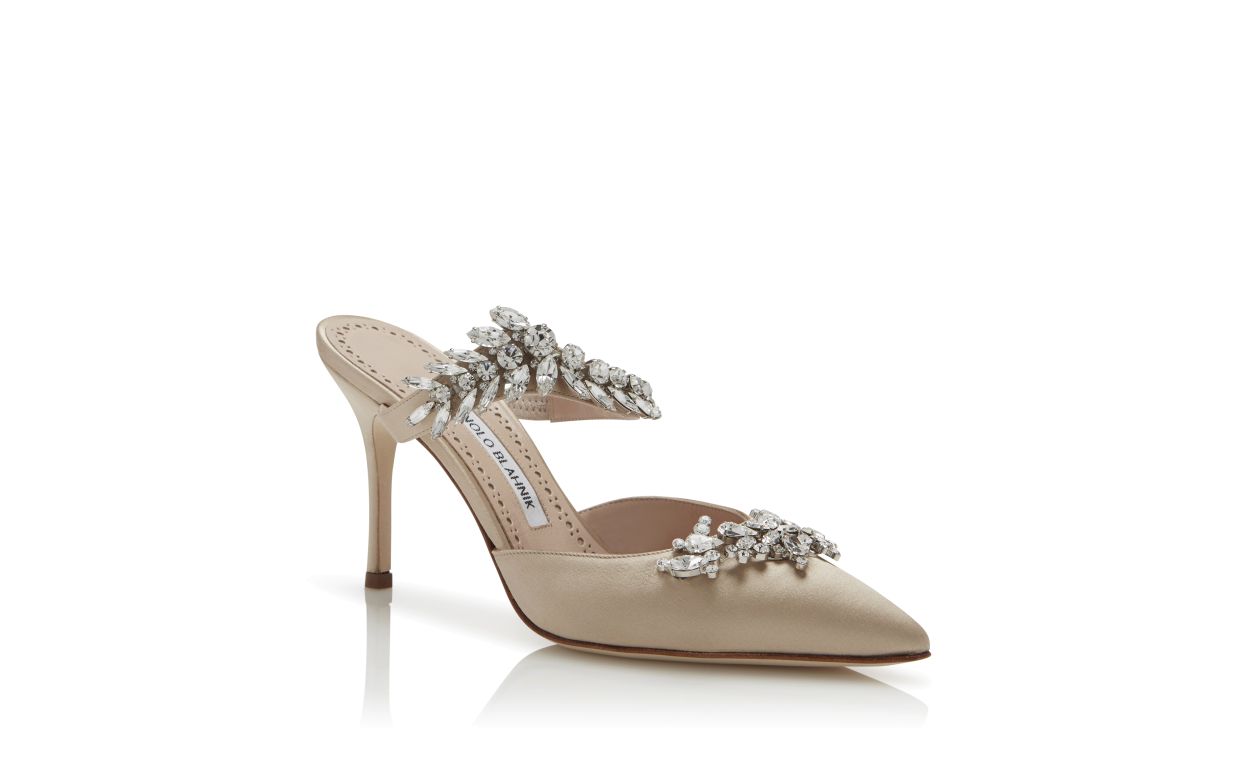 Mules in raso champagne con decorazioni in cristallo