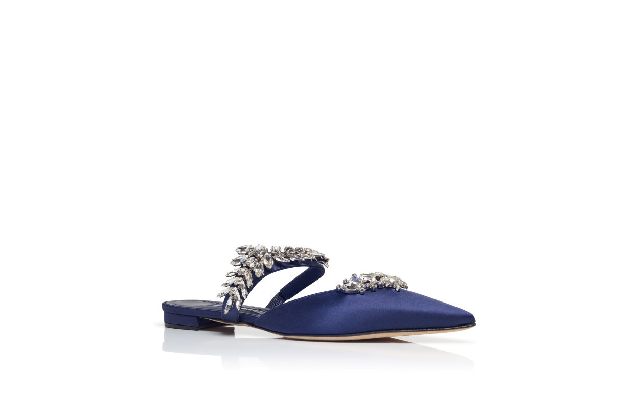 Mule Piatte in Seta Blu Notte Decorate con Cristalli