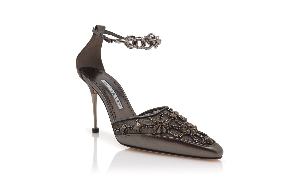 Pumps con cinturino alla caviglia in pelle nappa grafite decorata con gioielli