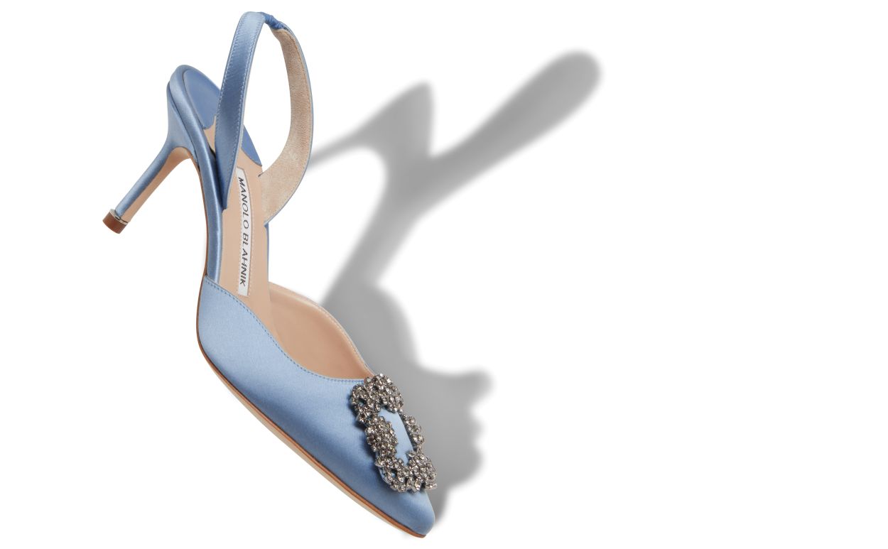 Scarpine slingback in raso blu chiaro con fibbia decorata