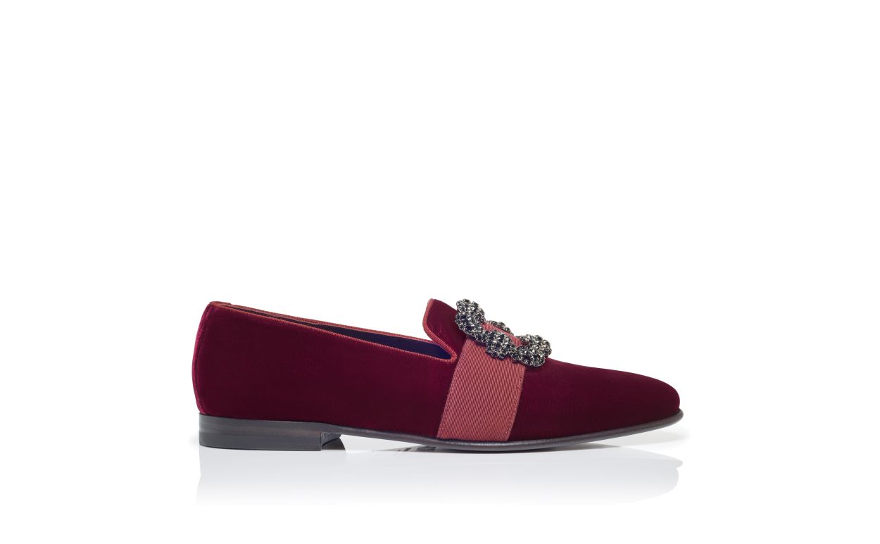 Loafer con Fibbia in Cristallo in Velluto Rosso Scuro