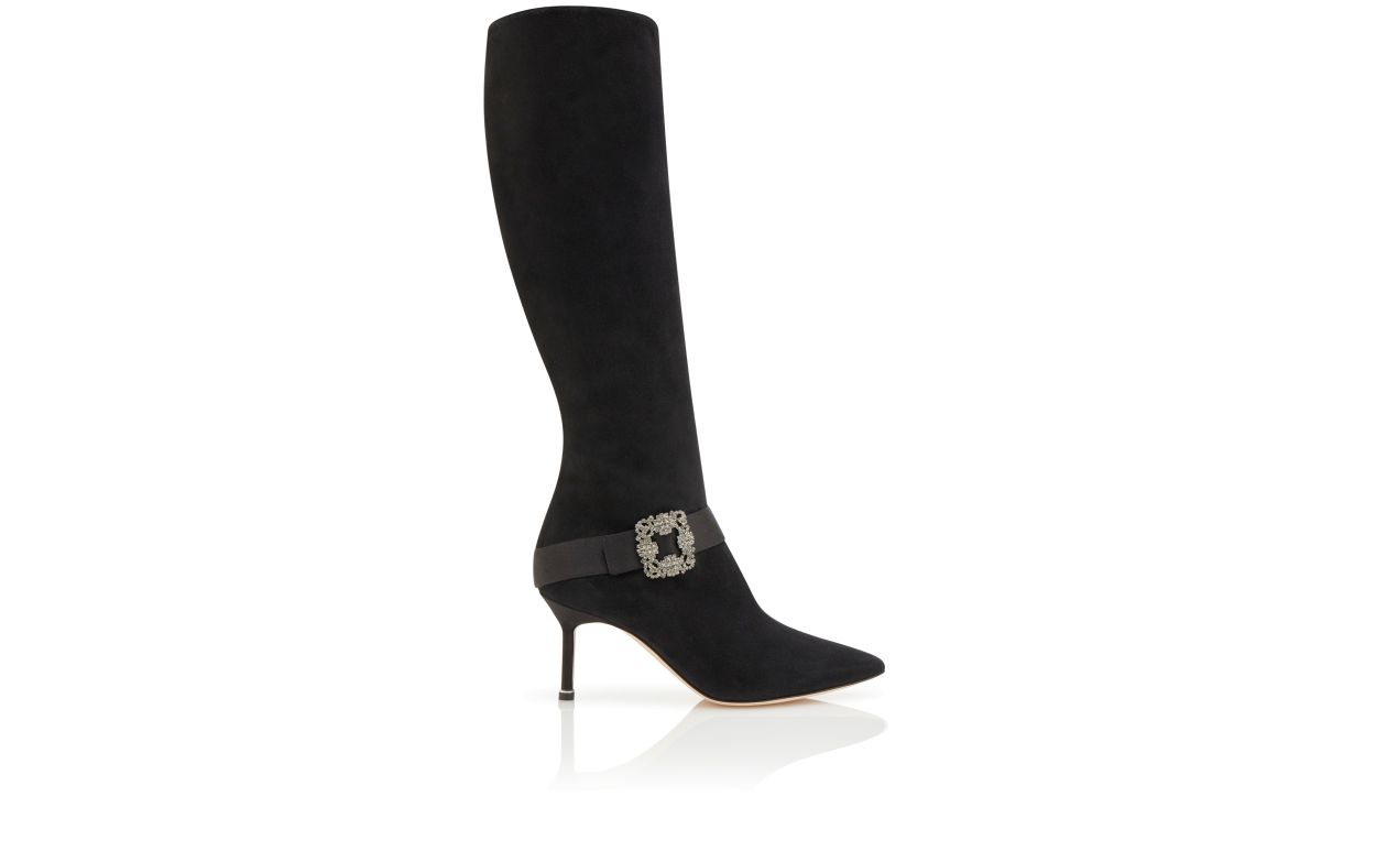 Stivali alti fino al ginocchio in suede nero con fibbia decorativa