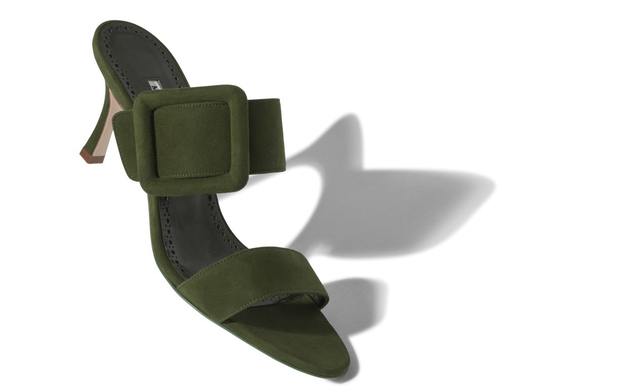 Mule a Punta Aperta in Suede Verde Khaki Scuro
