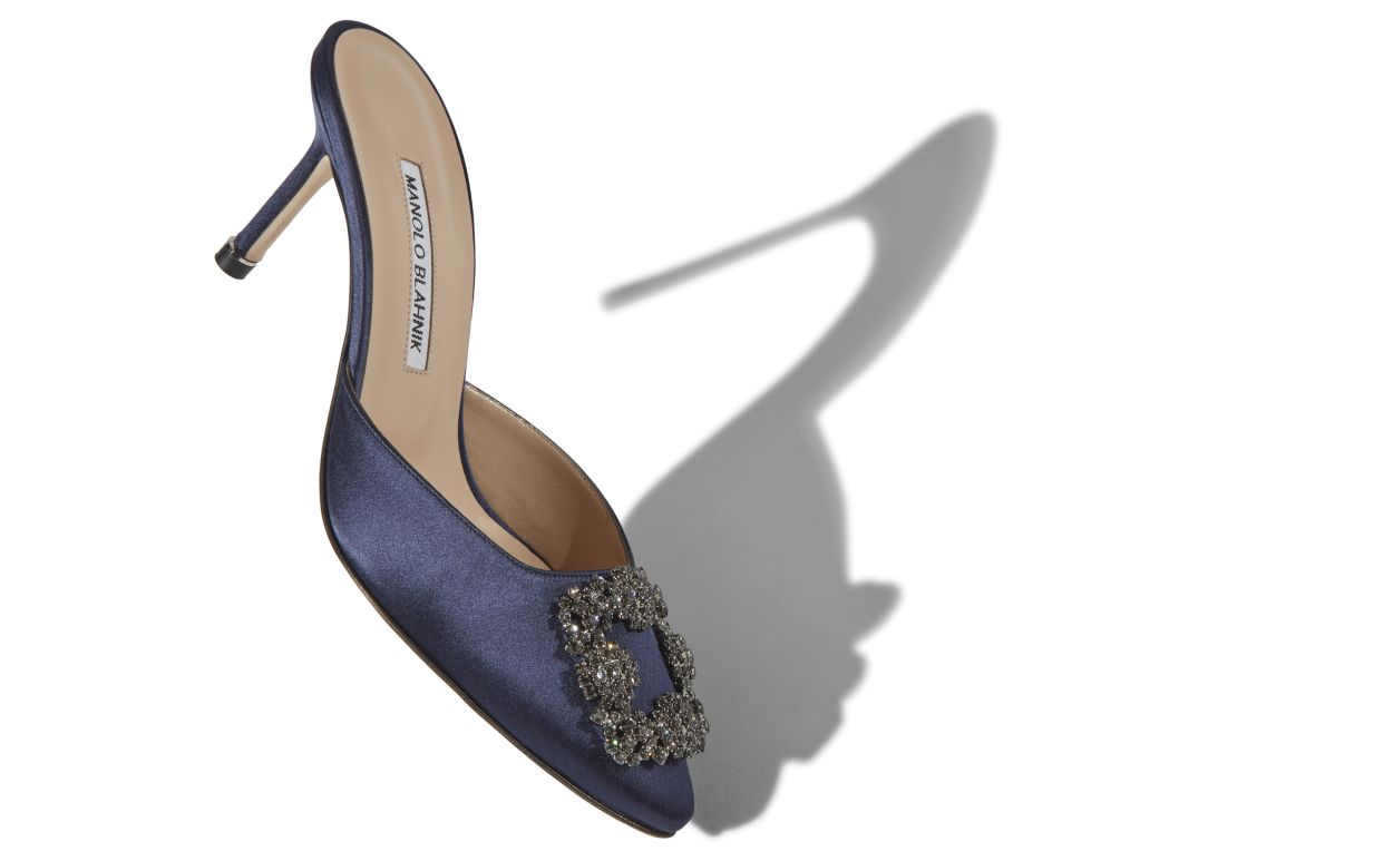 Mule in Seta Blu Navy con Fibbia di Gioielli