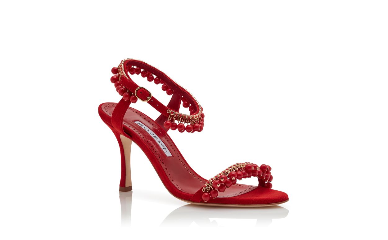 Sandali in Suede Rosso con Decorazioni in Gioiello